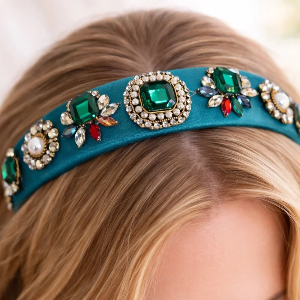 Emerald Crystal Pearl Satin Headband Blue Baroque Bridal Statement Hairband OS